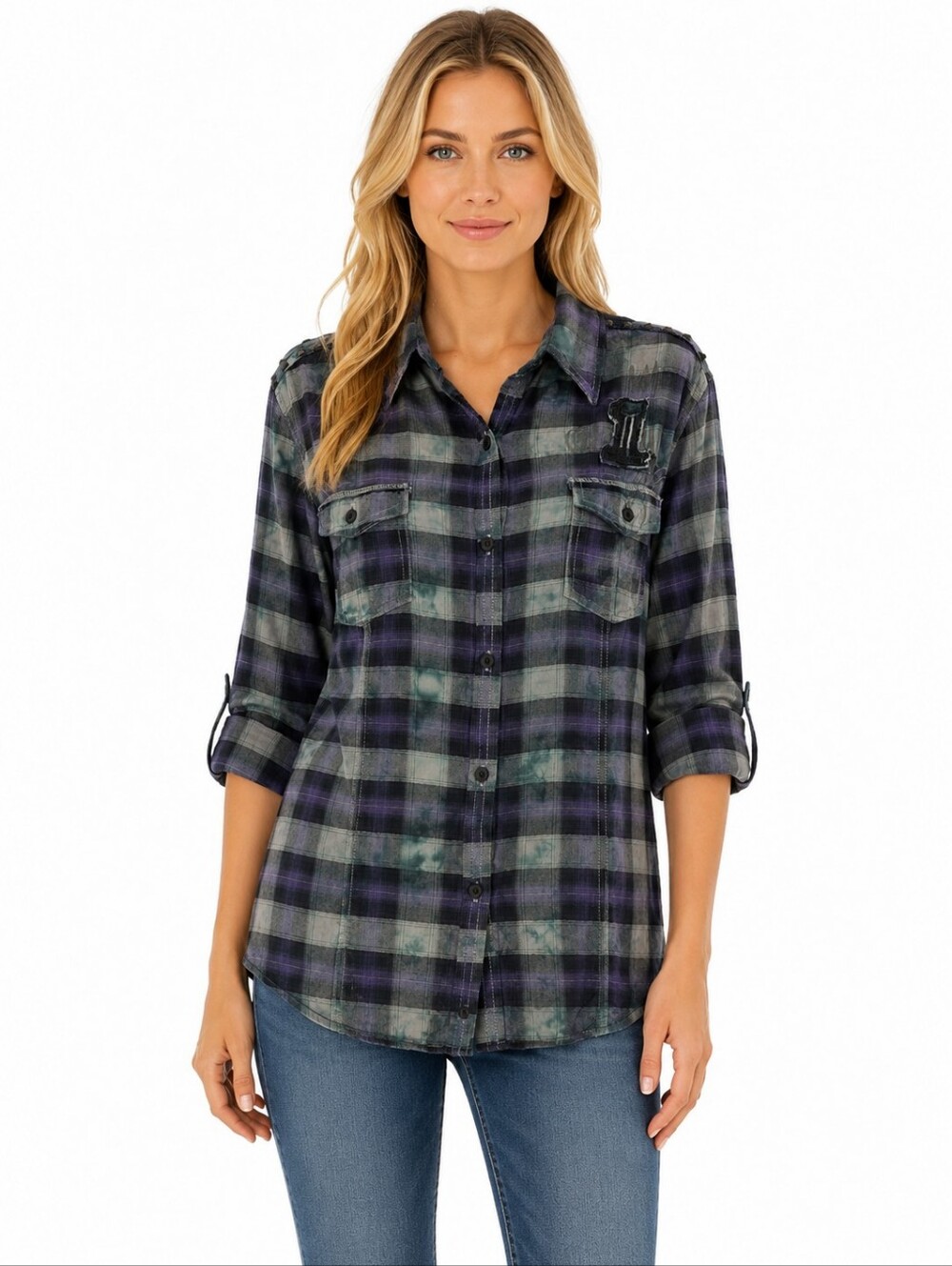 Harley-Davidson XL Purple‎ Gray Plaid Studded Button Front Shirt Cotton